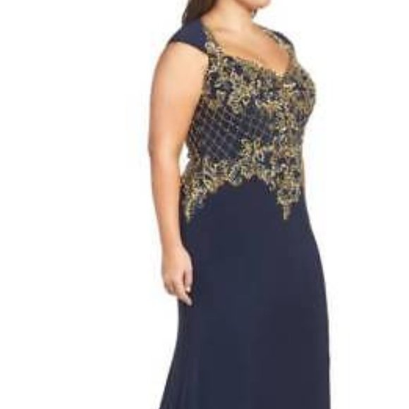 MAC DUGGAL EMBELLISHED JERSEY MERMAID MIDNIGHT NAVY GOWN DRSS sz 16W - Picture 2 of 8